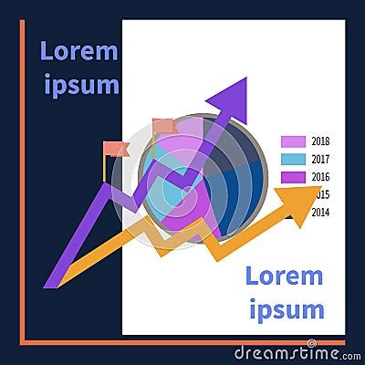 Two trend lines, flags, up arrow. Graph background Vector Illustration