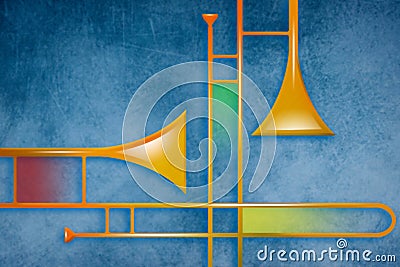Two trombones are seen in a colorful graphic image about music and brass instruments Cartoon Illustration