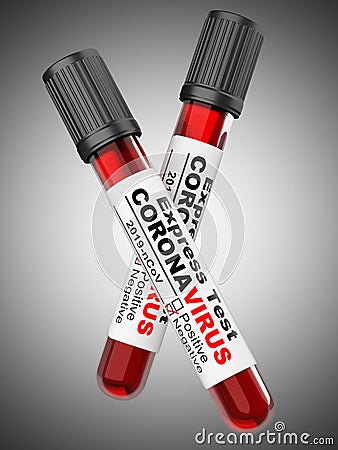 Two tube with blood samples for Coronavirus test COVID-19 - virus protection concept. Closeup 3d illustration isolated on a grey Stock Photo