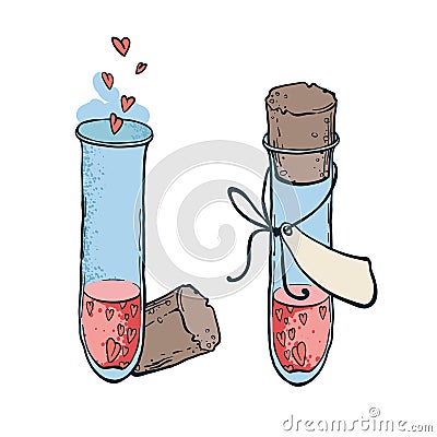 Two tube-tests with hearts icon in hand drawn style. Love elixir Vector Illustration