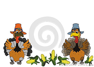 Two turkey and corn, christmas dinner, thanksgiving day illustration on white background. Cartoon Illustration