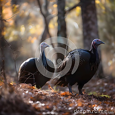 Two turkeys in the woods in the background smeared trees leaves autumn. Turkey as the main dish of thanksgiving for the harvest Vector Illustration