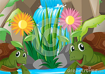 Two turtles by the waterfall Vector Illustration