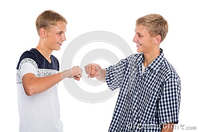 Two twin brothers greet each Stock Photo