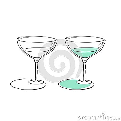 Two types vermouth glass. Drink element. Black white and color object. Wineglass beverage. Hand draw simple sketch. Isolated Vector Illustration