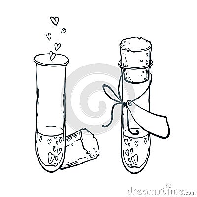 Two uncolor tube-tests with hearts icon in hand drawn style. Love elixir Vector Illustration