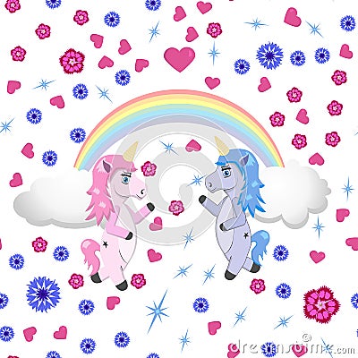 Two unicorns under the rainbow on a white background with flowers and hearts Cartoon Illustration