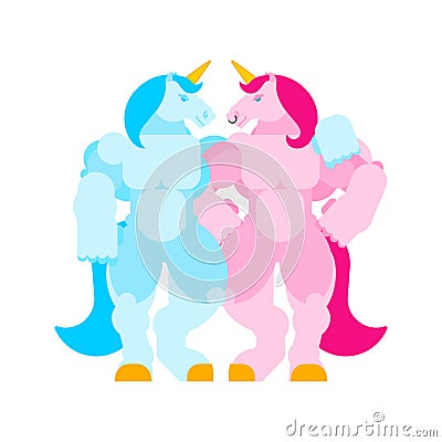 Two unicorns love LGBT symbol. Strong Unicorn Power. Powerful Magic horse. heavy steed. Vector Vector Illustration