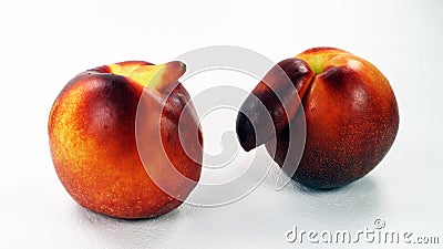 Two unusual shaped nectarine peaches isolated on white. Peach with a nose. Peaches freaks. unusual fruits. Red ripe nectarine Stock Photo