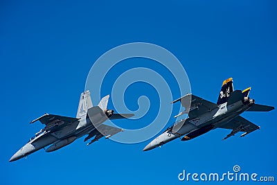 Two US Navy F/A-18 E Super Hornet multirole fighter planes Editorial Stock Photo