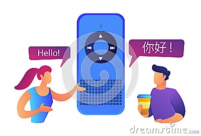 Two users speaking different languages and smart language translator vector illustration. Vector Illustration