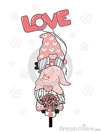 Two Valentine Romantic Gnome couple on pink bicycle LOVE clip art Happy Love cartoon vector Vector Illustration