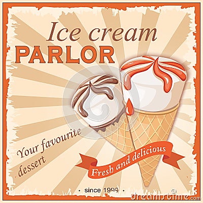 Two vanilla ice creams in the vintage parlor Vector Illustration