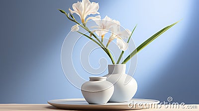 Minimalist Still Life: White Vases On Blue Plate With Delicate Flowers Stock Photo