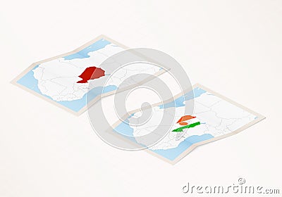 Two versions of a folded map of Niger with the flag of the country of Niger and with the red color highlighted Vector Illustration