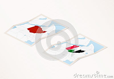 Two versions of a folded map of Sudan with the flag of the country of Sudan and with the red color highlighted Vector Illustration