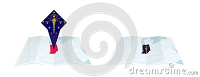 Two versions of an Indiana folded map, one with a pinned country flag and one with a flag in the map contour. Template for both Vector Illustration