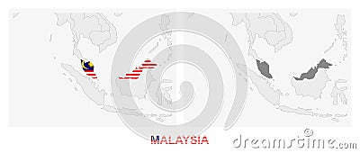 Two versions of the map of Malaysia, with the flag of Malaysia and highlighted in dark grey Vector Illustration