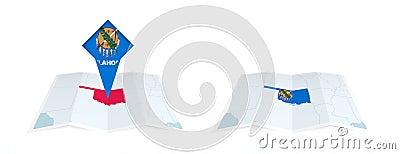 Two versions of an Oklahoma folded map, one with a pinned country flag and one with a flag in the map contour. Template for both Vector Illustration