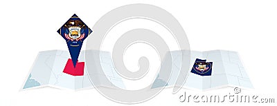Two versions of an Utah folded map, one with a pinned country flag and one with a flag in the map contour. Template for both print Vector Illustration