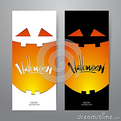 Two vertical abstract template design of banner with pumpkin smile and handwritten lettering of Halloween. Vector Illustration