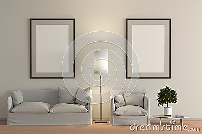 Blank poster in interior of living room with white fabric sofa, floor lamp and lemon tree in vase on wooden coffee table Cartoon Illustration