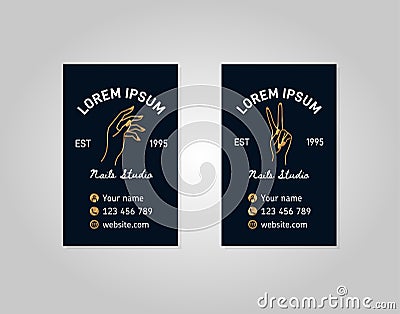 Two vertical templates gold business card with a female hand in a trendy linear style Vector Illustration