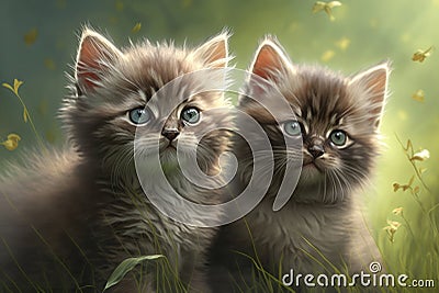 Two very cute kittens playing in the green grass in the sunshine created with generative AI technology Stock Photo