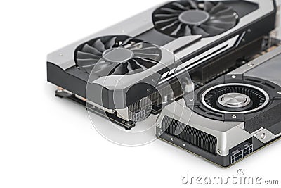 Two Video Graphics cards with powerful GPU isolated on white background Stock Photo