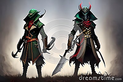 Two viking warriors with swords and daggers. 3d render Vector Illustration