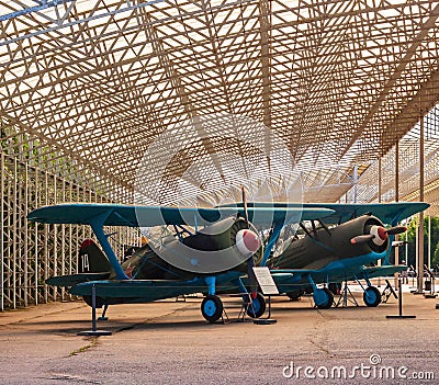 Two vintage airplanes in hangar Editorial Stock Photo