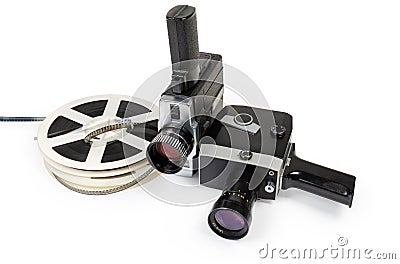 Two vintage amateur movie cameras and Super 8mm films reels Stock Photo
