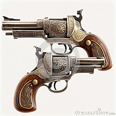 Two vintage retro dueling pistols pointing at each other isolated on a white background close-up, a symbol of a duel Stock Photo