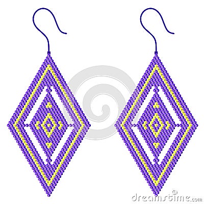 Two violet-yellow rhombus-shaped earrings with a gap Stock Photo