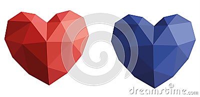 Two volumetric hearts of red and blue. Volumetric heart of colored paper Vector Illustration