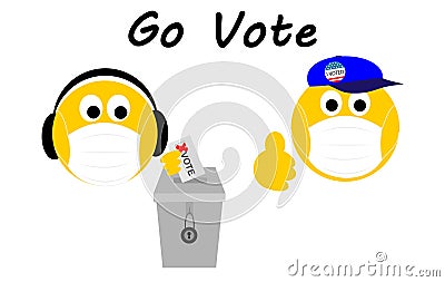 Two voting emojis social distancing and wearing face masks to protect against covid 19 coronavirus, go vote text Stock Photo