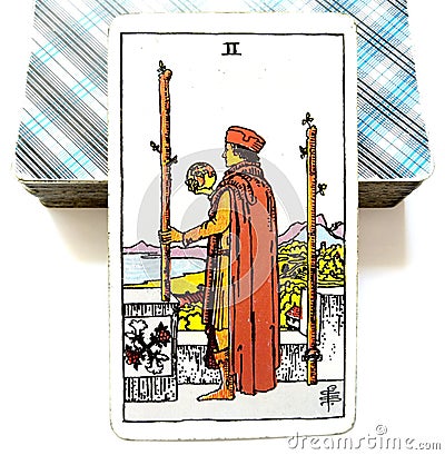 2 Two of Wands Tarot Card Physical Decisions Stay or Go Travel Over Seas Stock Photo