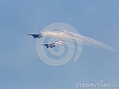 Two war jet planes launches anti-missiles Stock Photo