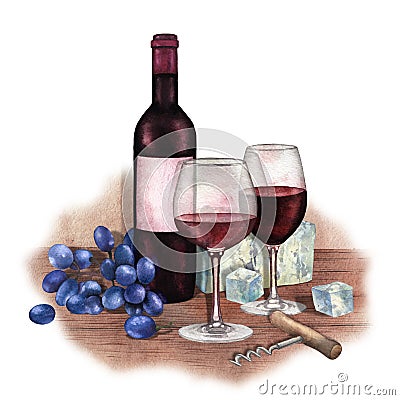 Two watercolor glasses of red wine, bottle, grapes, cheese and corkscrew Stock Photo