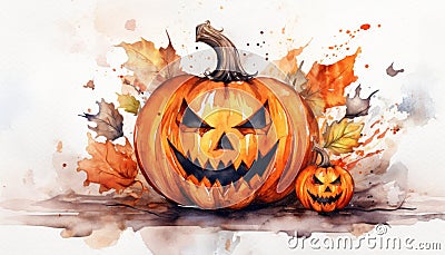 Two watercolored Halloween pumpkins - Jack O'Lantern. On background from paint splashes with leaves Stock Photo