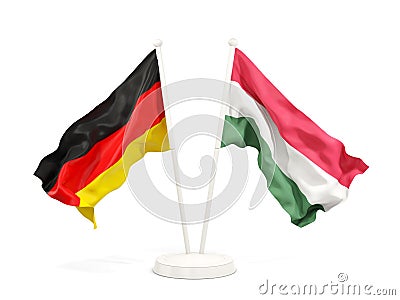 Two waving flags of Germany and hungary isolated on white Cartoon Illustration