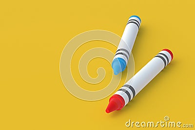 Two wax crayons on yellow background. Colorful pencils. Back to school concept Stock Photo