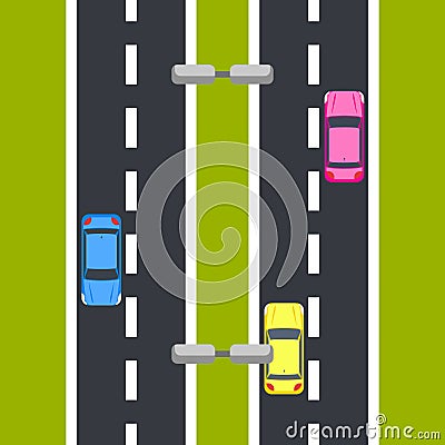 Two way roadway vector illustration top view. Vector Illustration