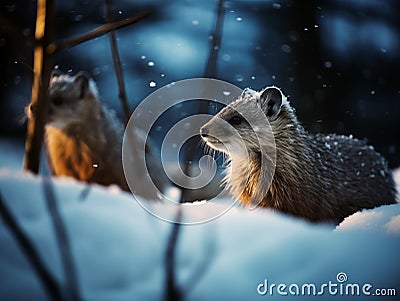 two weasels in the snow next to a tree trunk Cartoon Illustration