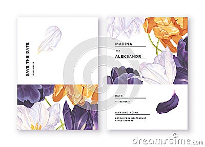 Minimalistic invitation cards. Pattern of realistic vector tulips. Vector Illustration