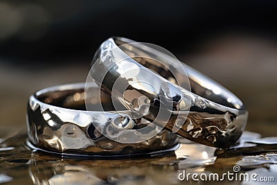 Two wedding rings made of liquid mercury created with generative AI technology Stock Photo