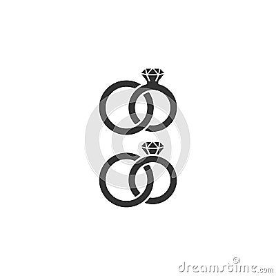 Two wedding rings vector icon. Diamond wedding rings. Bride and groom rings tangled isolated icons. Vector Illustration