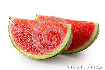 Two wedges od seedless watermelon isolated on white. Stock Photo