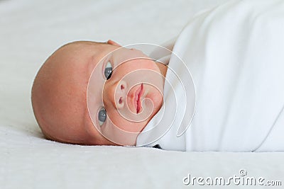 Two week old newborn bundled on bed Stock Photo