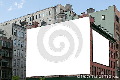 Two white blank billboard on the brick wall building. Stock Photo